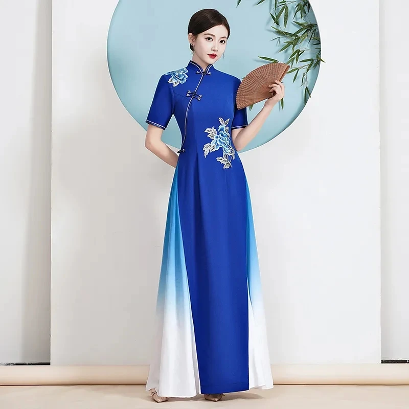 Ao Dai Vietnam Dress - Womens Cheongsam Folk Style Vietnam Chiffon